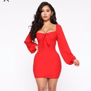 Red tie front mini dress with billowy sleeves